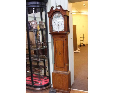 Antique oak, mahogany and chequer inlaid eight day longcase clock having painted arched dial, signed Stonehouse, Leeds, 229cm