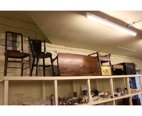 Ercol coffee table, tin trunk, footstool, piano stool, brass slipper box, two side chairs, pedestal chest and matching cupboa