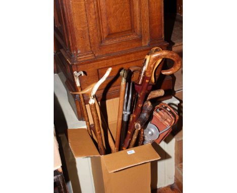 Collection of walking sticks, shooting sticks, two wood boxes, silver plate tureen, brass bowl and inkwell.