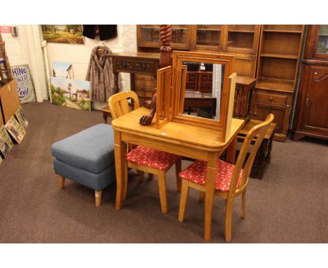 Light wood finish fold top breakfast table and two chairs, twist column plant stand, contemporary footstool and triple dressi