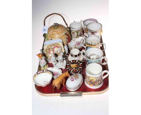 Royal Crown Derby Calibri lighter, two Derby posies dishes, Beswick calf, loving cups, Royal Winton biscuit box, etc.