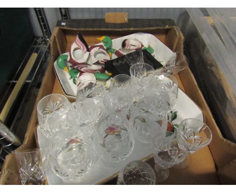 A box containing five brandy glasses, two small brandy glasses, eight sherry glasses, Royal Worcester dishes, duck napkin rin