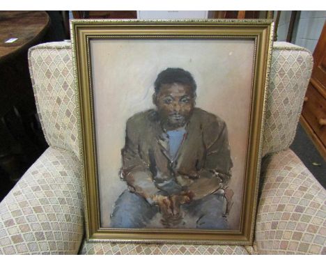 An oil on board portrait of a seated man, unsigned, framed, 44cm x 34cm