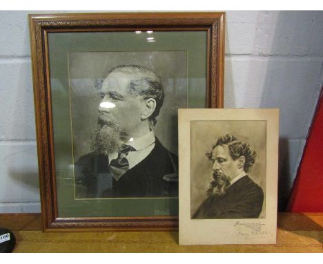A portrait print of Charles Dickens with pen autograph by his son, Henry Fielding Dickens. A modern photographic print of Cha