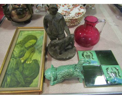 A Sylvac cat, cranberry jug and tile etc  (5)