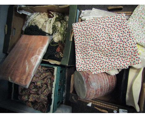 Three boxes of fabric remnants and textiles