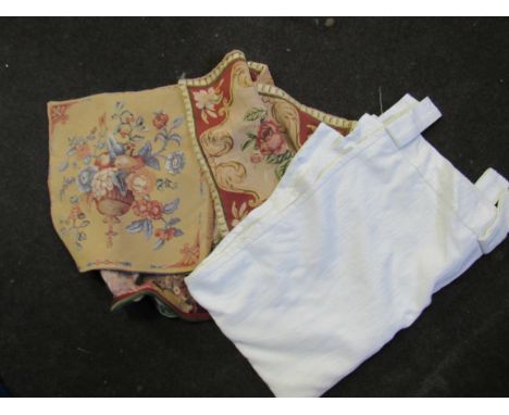Three tapestry woven cushion covers approx. 44cm square, zip to side, two white curtains, looped heading, length 217cm x widt