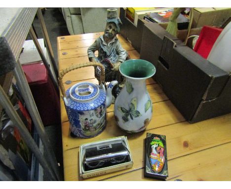 A floral design vase, a porcelain figure, Oriental lidded teapot, lacquered box and boxed Tasco opera glasses