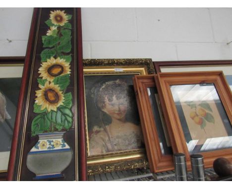 A tiled flora hanging, two pine framed prints and an oleograph of a young lady (4)