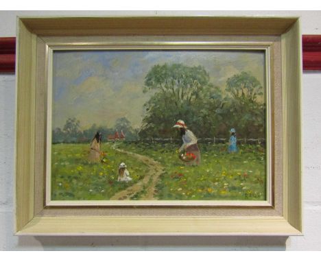 R. ALLEN:  Oil on board depicting children and women picking flowers in a field, signed lower right, 24cm x 34cm, framed  