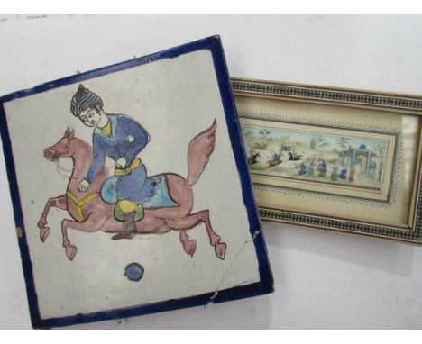 A Persian handpainted tile with horserider design (a.f) and a handpainted Moghul scene on bone, framed (2) 