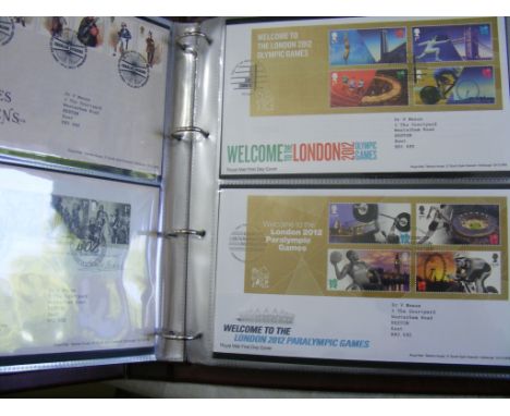 Collection of 2012 First Day Covers, contained  wihtin an album, various subjects inc Dr Who,  Transport, etc, approx 44.