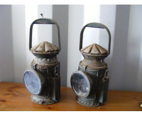 Two WWII-vintage Railway Signalling Lamps, each  with War Dept plaque for 1942/1945 respectively,  in barn-found original con