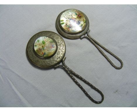 Two similar early C20th small decorative Mirrors,  probably Japanese, each set to the reverse with a  painted (possibly mothe