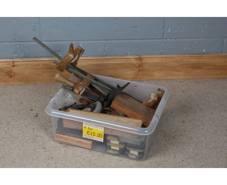 Box of various tools to include three wooden and metal clamps, tins of nails and screws, drill bits, a small block and tackle