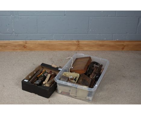 Two boxes of various hand tools, to include handrill, Terry's Magneto spanner set, a brace, hammer, wooden mallet etc. (2 box