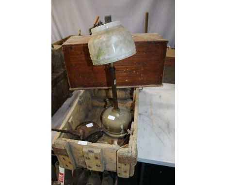 Wooden ammo box, reading 'Not to be issued to H.M. Ships', together with a paraffin lamp, an oil can and a pine sewing machin