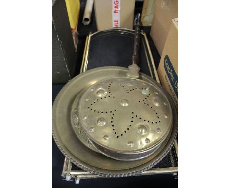Brass chestnut roaster with ebonised handle, firescreen and a dish portraying a sailship (3)