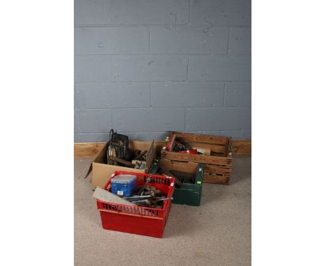 Four boxes of various tools, to include drill bits, a Craftsman belt sander, an AEG drill etc. (4)