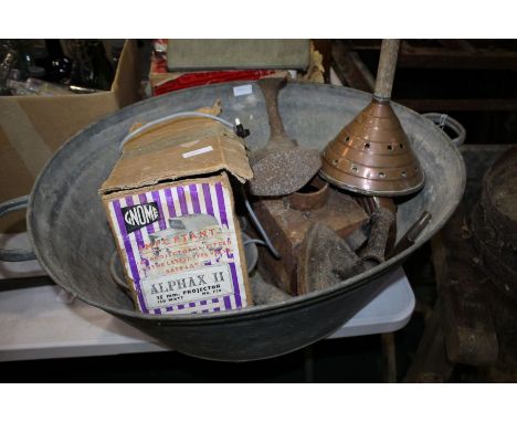 Twin handled galvanised bucket, copper plunger, flat iron, shoe, belt hole puncher, cast iron shoe last, boxed Gnome projecto