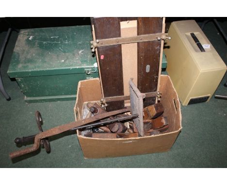 Box of various hand tools, to include wood working planes, together with a cast metal stick stand and a trouser press (qty)