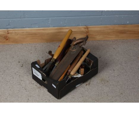 Box of various tools to include chisels, two moulding planes, tenon saw, whetstone etc. (qty)