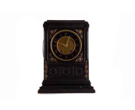 LATE 19TH CENTURY FRENCH BLACK SLATE MANTEL CLOCK,retailed by R. Stewart of Paris, with 1/4 hour bim-bam strike, the movement