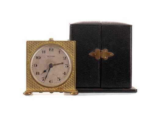 ZENITH BEDSIDE TIMEPIECE,the silvered dial with Arabic numerals, with alarm function, engine turmed giltmetal case on four bu