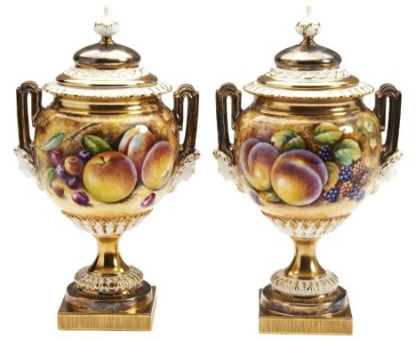 A PAIR OF 20TH CENTURY ROYAL WORCESTER 'FRUIT STUDY' PEDESTAL VASES  with lids, painted by P. Fuller and signed, both hand nu