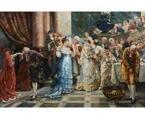 ALBERT LUDOVICI JNR (BRITISH 1852-1932) 'THE GET TOGETHER' signed and dated 1877, oil on canvas, framed 50cm high, 76.5cm wid