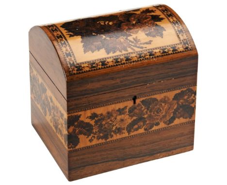 A TUNBRIDGE WARE TEA CADDY OF DOMED RECTANGULAR FORM  with floral inlaid lid and single lidded compartment 14 cm high x 14 cm
