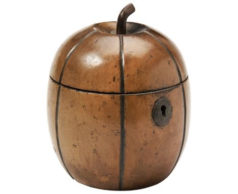 A GEORGE III STYLE MELON SHAPED FRUITWOOD TEA CADDY with steel escutcheon, the stalk probably replaced, with heavily degraded