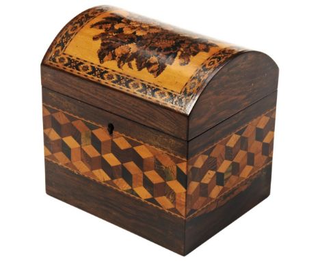 A VICTORIAN ROSEWOOD TUNBRIDGE WARE TEA CADDY the domed lid with floral inlaid decoration, the body with 'cube moyen' pattern