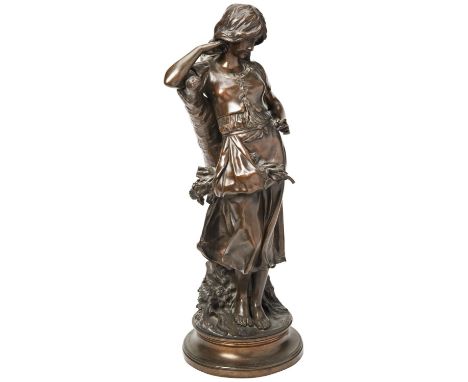 AFTER ADRIEN ETIENNE GAUDEZ MAIDEN WITH POSY a patinated bronze figure of a bucolic maiden leaning on an oak stump, signed&nb