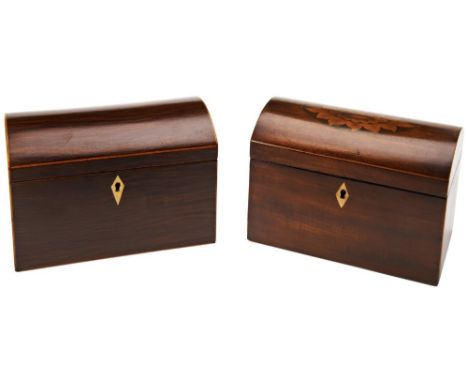 A GEORGIAN DOMED TOP MAHOGANY TEA CADDY  with inlaid lid and two compartments and a partridge wood domed &nbsp;Georgian tea c