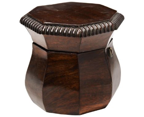 A 19TH CENTURY STYLE OCTAGONAL CADDY of unusual bulbous tapering form 17 cm high x 24 cm wide