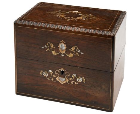 A FRENCH ROSEWOOD TEA CADDY 19TH CENTURY the exterior with gadrooned lid and 'boulle' inlays, the fitted interior with two or