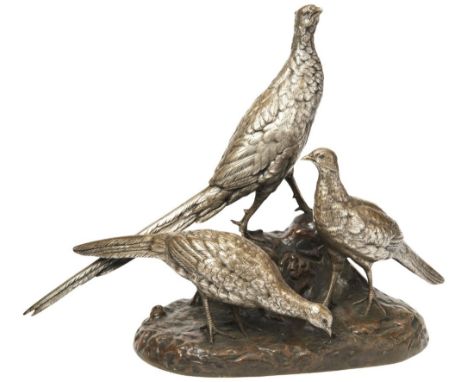 AFTER LÉON BUREAU AND GÉORGE VACOSSIN FAISON ET POULES FAISONS a patinated bronze of a group of three pheasants on a naturali