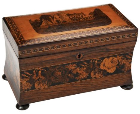 A TUNBRIDGE WARE TEA CADDY  of curved rectangular form the lid inlaid with a scene of Tonbridge castle, the interior with two
