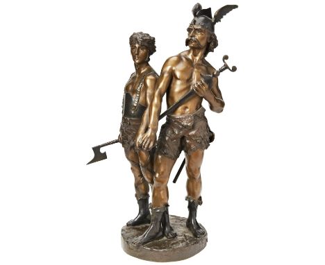 AFTER EMILE LAPORTE 'PRO PATRIA' (BRONZE FIGURAL GROUP OF A GAUL WARRIOR AND HIS SON) a coloured patinated bronze, depicting 