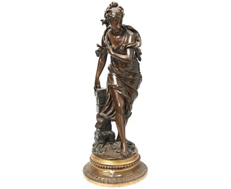 AFTER EUTROPE BOURET 'MAIDEN WITH A RUSTIC PILLAR' a large patinated bronze mounted on an original gilded wooden socle base 6