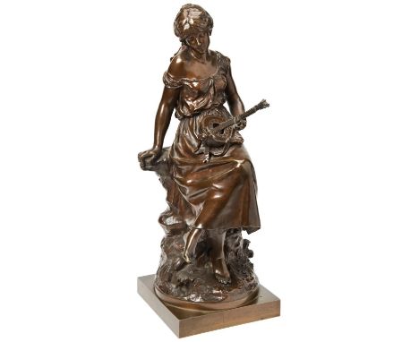 AFTER AUGUSTE MOREAU GIRL WITH A MANDOLIN 19TH CENTURY a patinated bronze, signed Auguste Moreau 60cm high