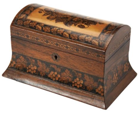 A VICTORIAN ROSEWOOD TUNBRIDGE WARE TEA CADDY the domed lid with floral inlay, the flared base with floral band, the interior