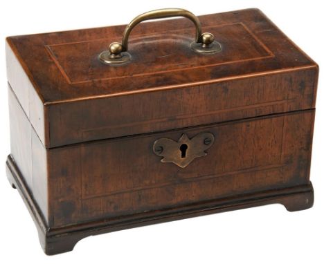 A GEORGE III MAHOGANY VENEERED TEA CADDY CIRCA 1740&nbsp; of plain rectangular form, with brass swing handle, line inlay and 