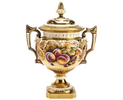 A ROYAL WORCESTER TWIN HANDLED 'FRUIT STUDY' POT POURRI by P. Fuller, with reticulated lid and side handles on a square secti