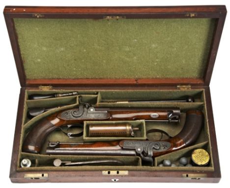 A PAIR OF CASED PERCUSSION 'DUELLING' PISTOLS  MARKED JUKES COULSON LONDON  with browned Damascus barrels, platinum blow-out 
