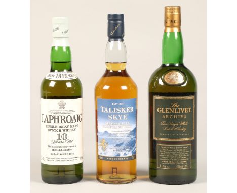 The Glenlivet Archive, pure single malt scotch whisky, 1 litre, 43% vol, Laphroaig Single Islay malt scotch whisky, 10 years 