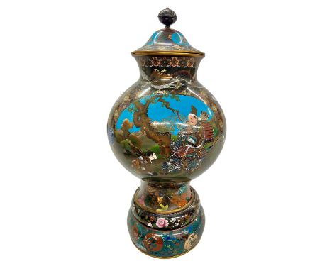Magnificent Japanese cloisonne vase and cover, the bulbous body decorated with three panels depicting a Japanese village, sam