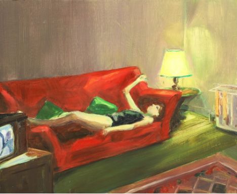 Caroline Walker (British born 1982) ARR Framed oil on board, signed with initials, "Red Sofa" 27.5 cm x 34 cm Provenance ARTe