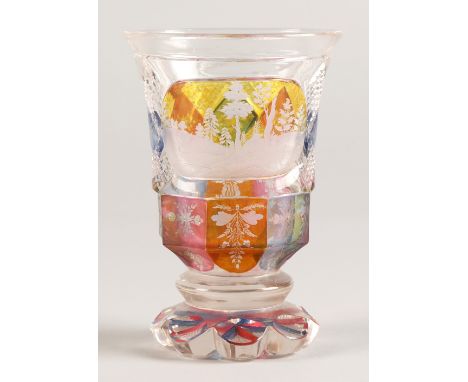 Bohemian glass beaker with engraved hunting scene, clear with pink,blue and amber flashed decoration. height 13.5 cm 